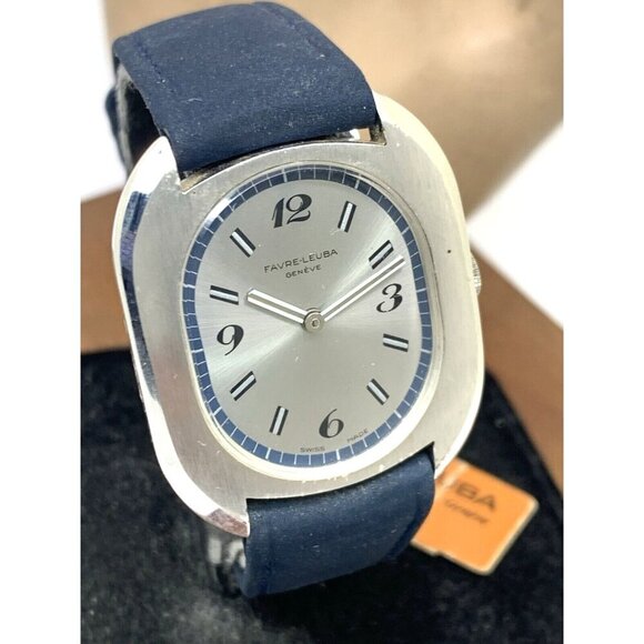 Favre Leuba Unisex Watch Vintage Swiss Mechanical Silver Dial Blue Leather Band - Picture 12 of 13